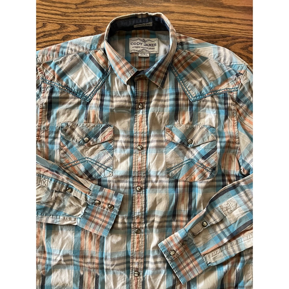 Cody James Mens Blue Orange Plaid Western Pearl Snap Shirt Regular Fit Large